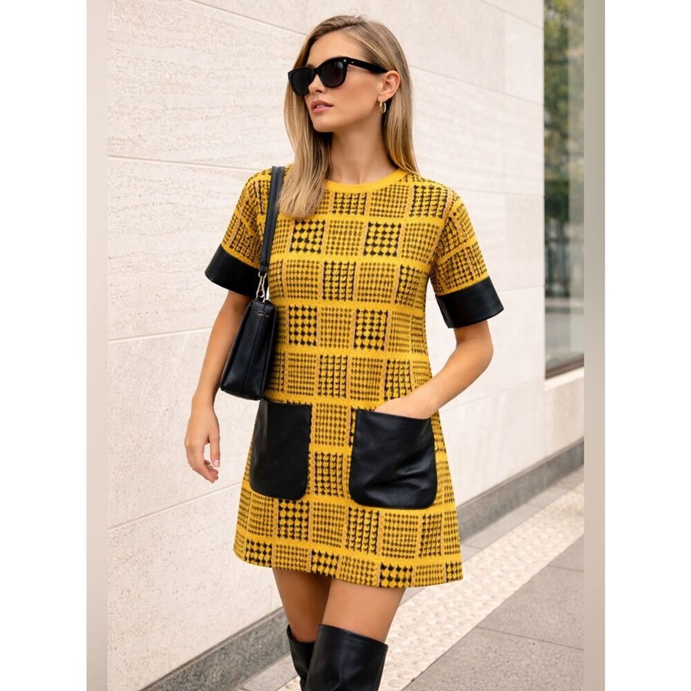 Patrizia Luca Milano Mustard Black Geometric Knit Mini Dress S/M Mod Chic